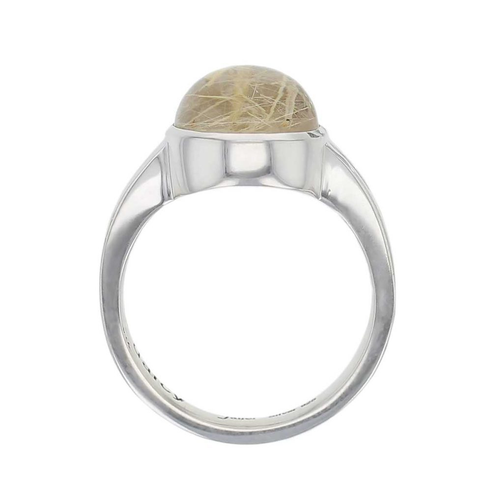 D’arcy round cabochon cut golden rutile quartz gemstone sterling silver ring, side view