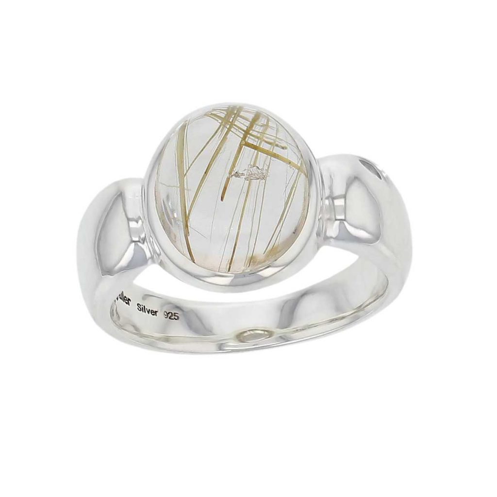 D’arcy oval cabochon cut golden rutile quartz gemstone sterling silver ring, top view