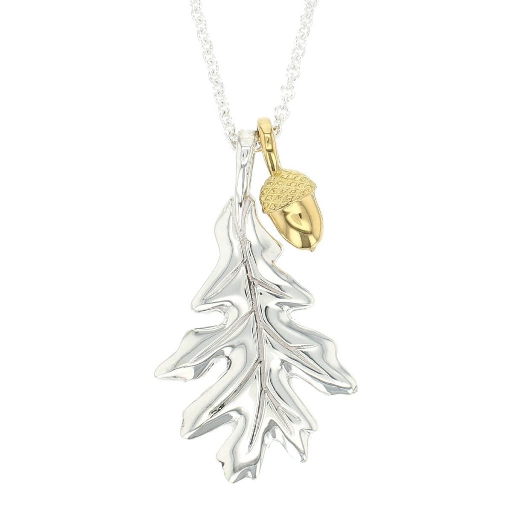 Faller sterling silver oak leaf pendant & 18ct yellow gold acorn pendant with silver chain