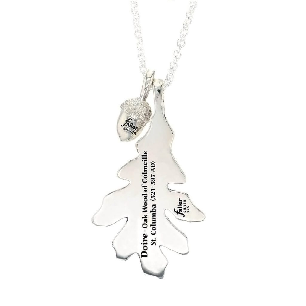 Faller sterling silver oak leaf pendant & acorn pendant with chain, back view with engraving