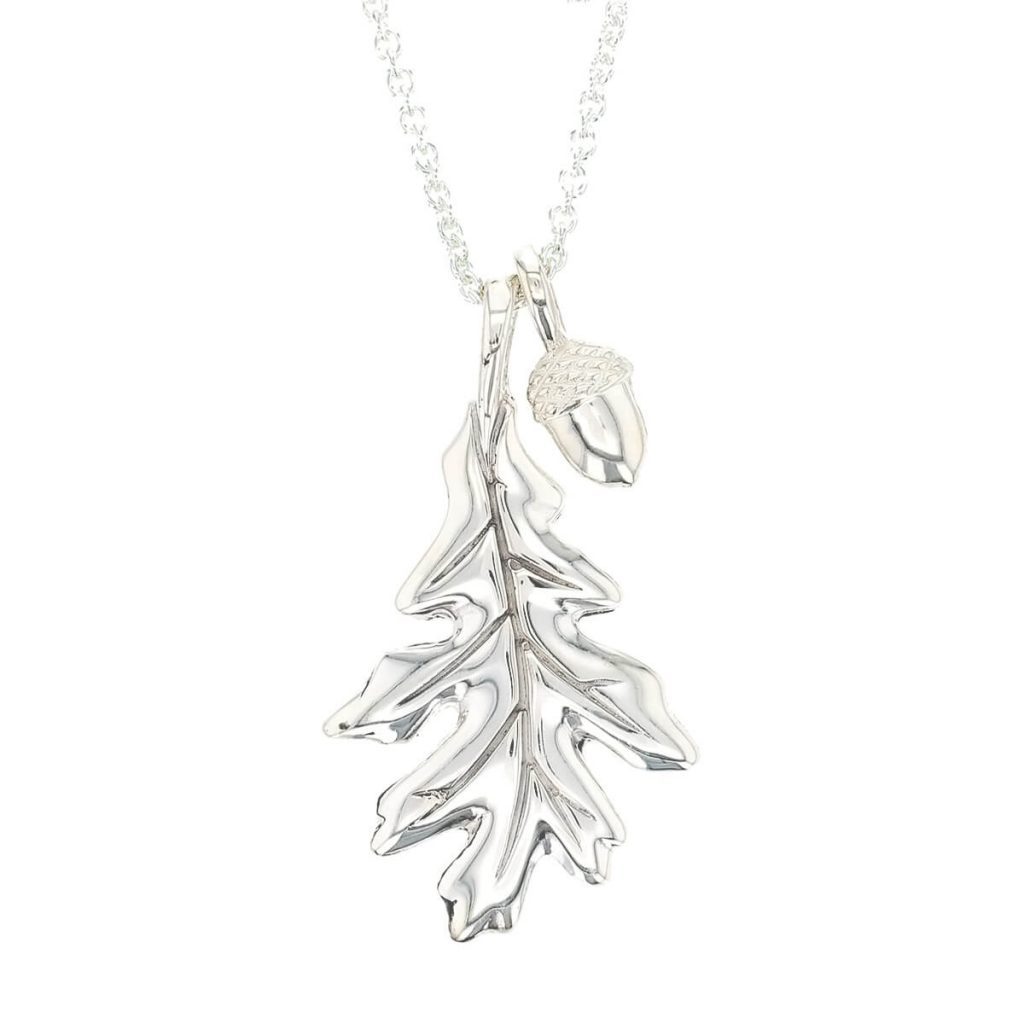 Faller sterling silver oak leaf pendant & acorn pendant with chain, front view