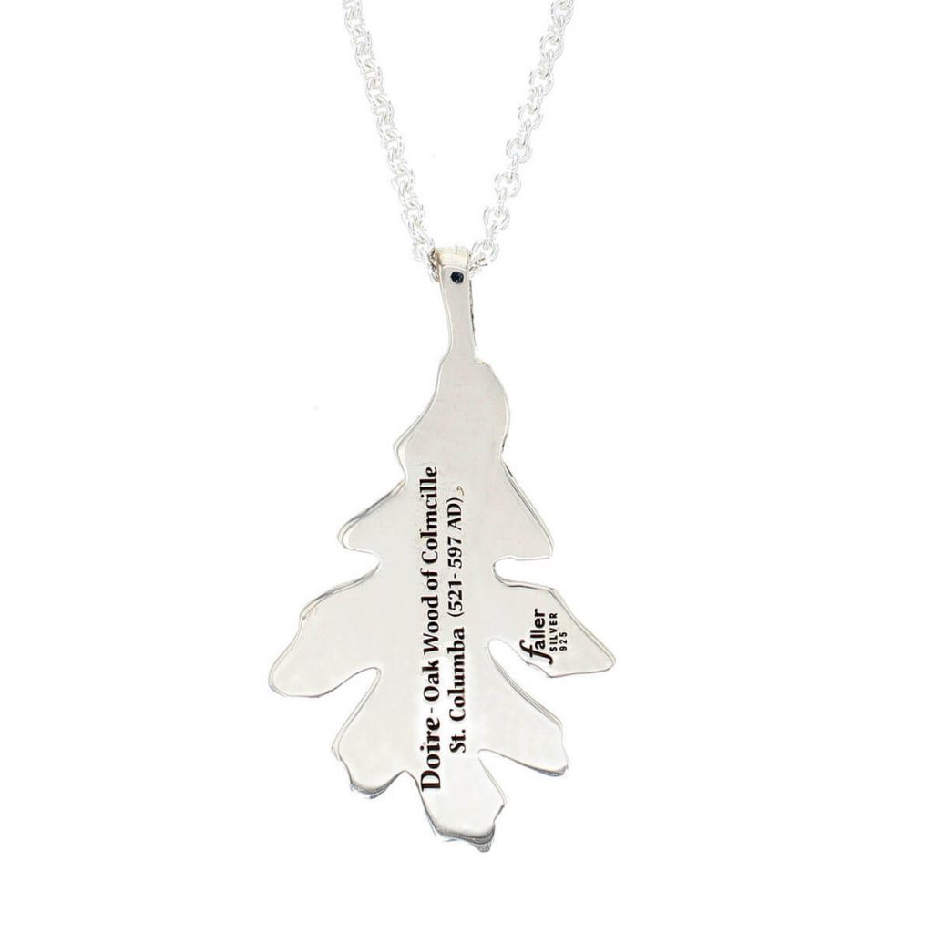 Faller sterling silver oak leaf pendant & chain, back view with engraving