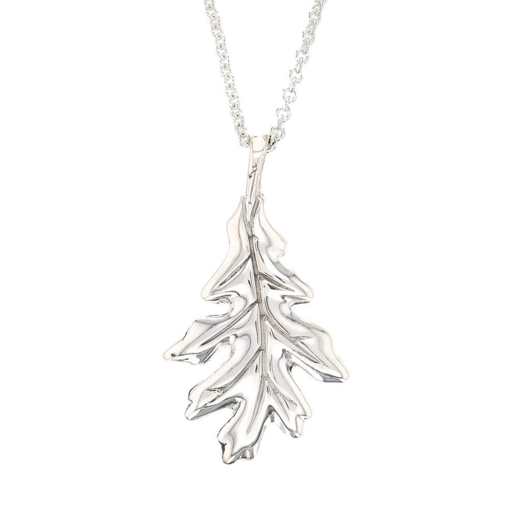 Faller sterling silver oak leaf pendant & chain, front view