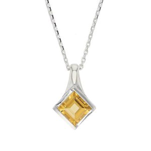 sterling silver princess cut faceted citrine gemstone pendant, designer jewellery, square yellow quartz gem, jewelry, handmade by Faller, Londonderry, Northern Ireland, Irish hand crafted, darcy, D’arcy