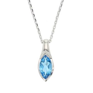 sterling silver marquise cut faceted topaz gemstone pendant, designer jewellery, blue quartz gem, jewelry, handmade by Faller, Londonderry, Northern Ireland, Irish hand crafted, darcy, D’arcy, navette