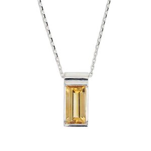 sterling silver baguette cut faceted citrine gemstone pendant, designer jewellery, yellow rectangular quartz gem, jewelry, handmade by Faller, Londonderry, Northern Ireland, Irish hand crafted, darcy, D’arcy