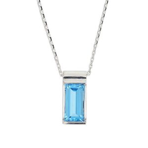 sterling silver baguette cut faceted topaz gemstone pendant, designer jewellery, blue rectangular quartz gem, jewelry, handmade by Faller, Londonderry, Northern Ireland, Irish hand crafted, darcy, D’arcy