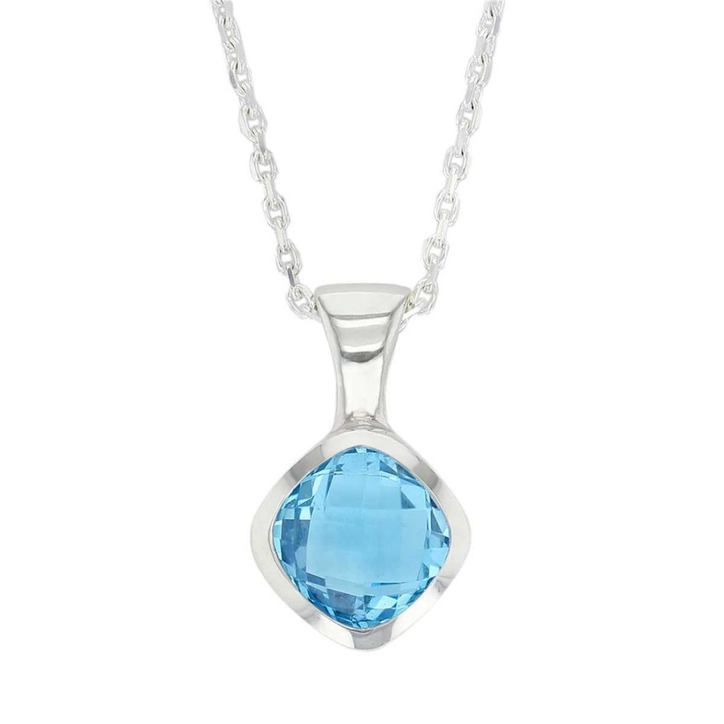 D’arcy sterling silver cushion cut faceted blue topaz gemstone pendant and chain