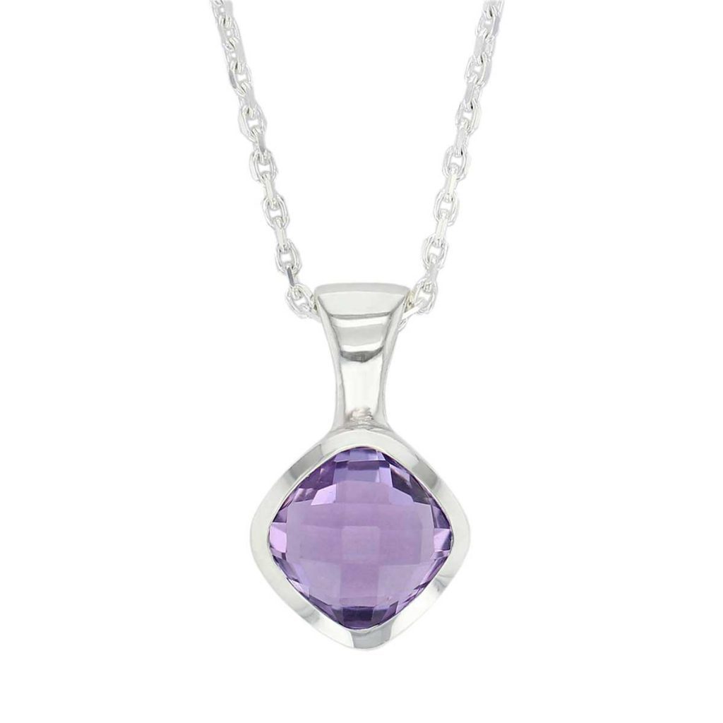 D’arcy sterling silver purple cushion cut faceted amethyst gemstone pendant and chain