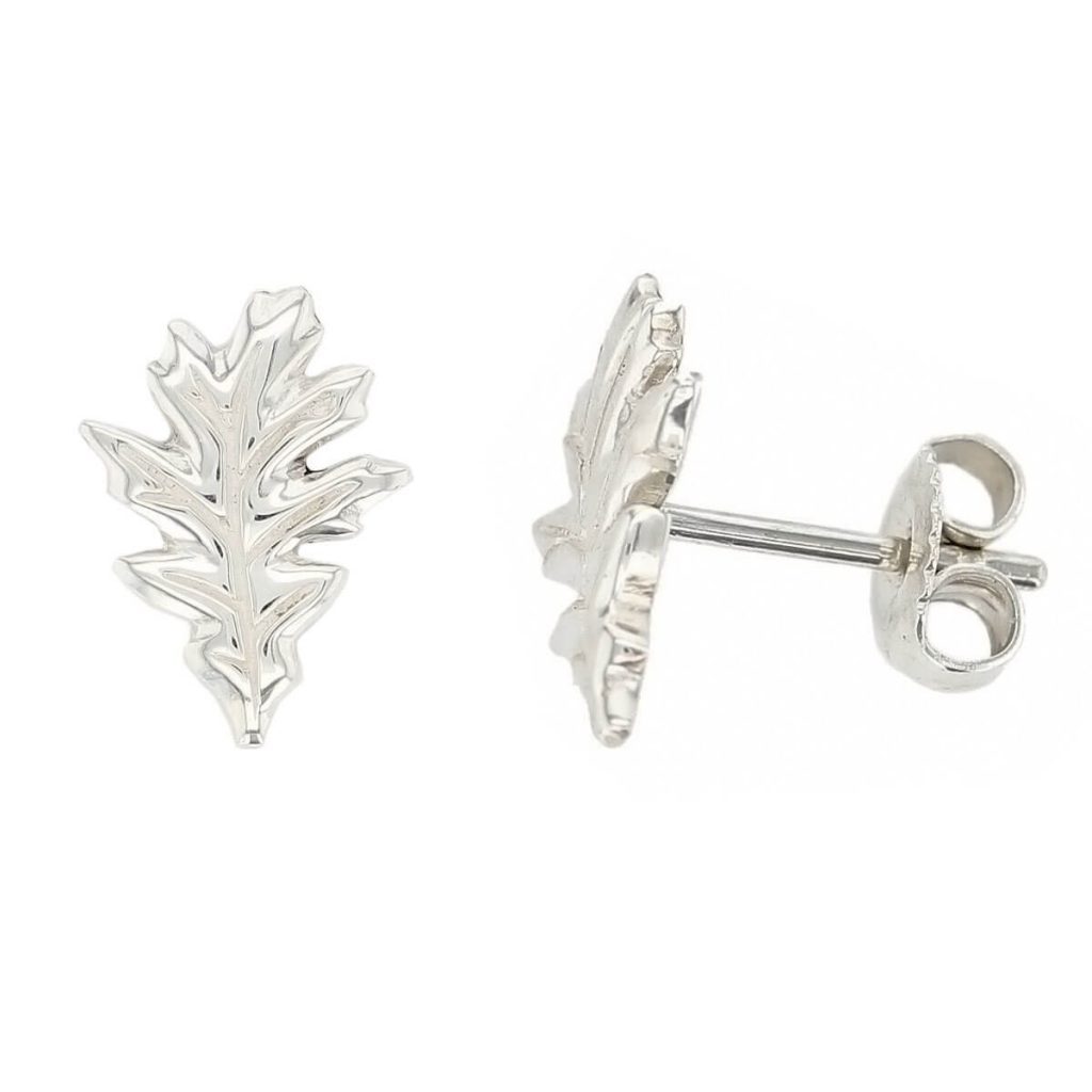 sterling silver oak leaf stud earrings, side view showing earring post and scroll fittings