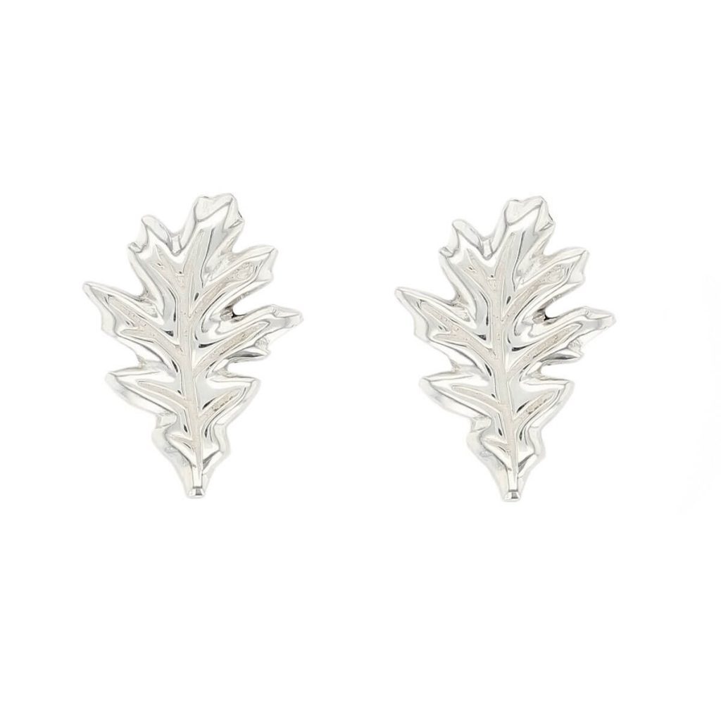 Sterling silver oak leaf stud earrings, front view