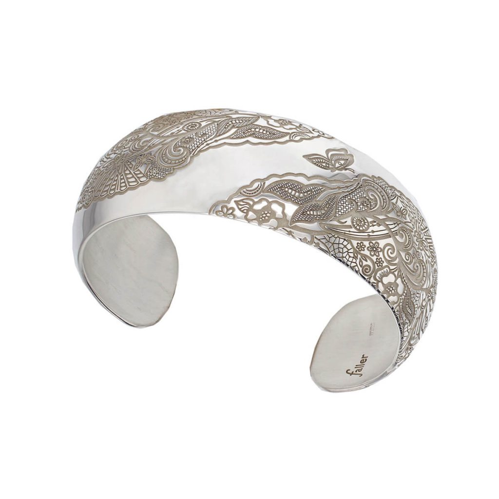 solid sterling silver lace pattern ladies cuff bangle, designer, handmade by Faller, hand crafted, precious jewellery, jewelry, hand crafted wrist wear, wrist-wear, custom made, personalised engraving