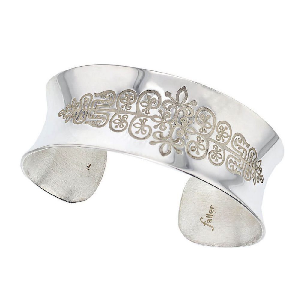 solid sterling silver galloglas pattern ladies cuff bangle, designer, handmade by Faller, hand crafted, precious jewellery, jewelry, hand crafted wrist wear, wrist-wear, custom made, personalised engraving, gallowglass