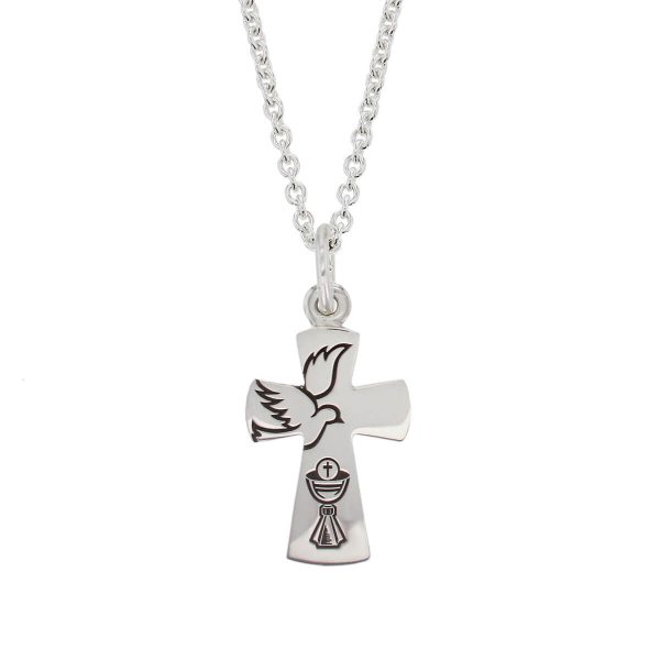 Faller sterling silver dove & chalice flared angel cross pendant, christian symbol, First Communion Cross