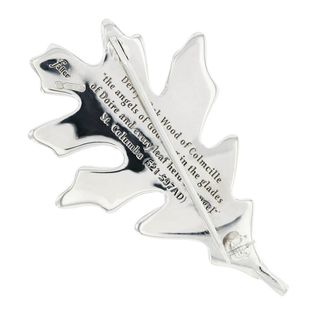 Faller silver oak leaf brooch, back view with engraving detail