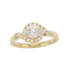 round brilliant cut diamond, twist crossover halo cluster 18ct yellow gold engagement ring, designer, handmade by Faller, hand crafted, betrothal, promise, precious jewellery, jewelry, hand crafted dress ring, multistone, GIA certified, G.I.A. GIA