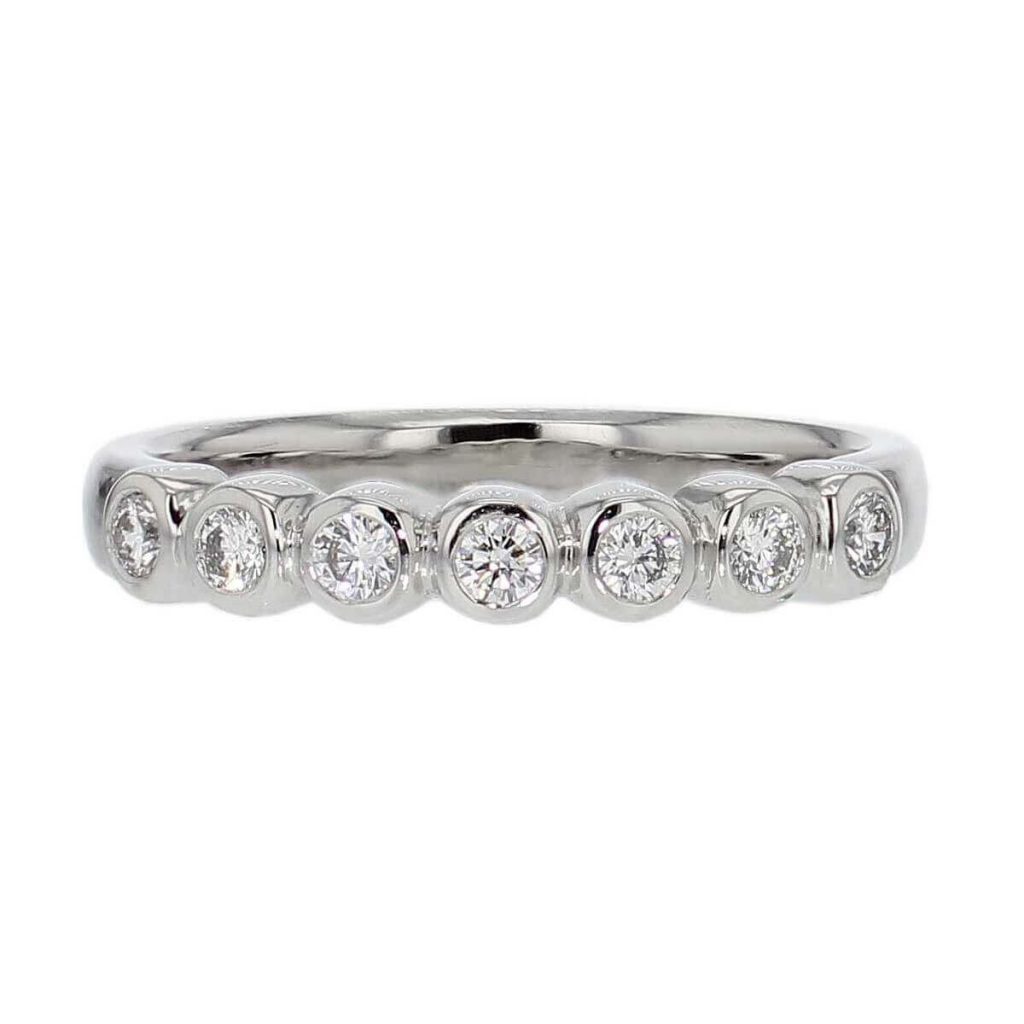3.2mm wide platinum ladies 7 round brilliant cut rim set diamond eternity ring, woman’s bridal, personalised engraving, court profile, comfort fit, precious jewellery by Faller of Derry/ Londonderry, jewelry