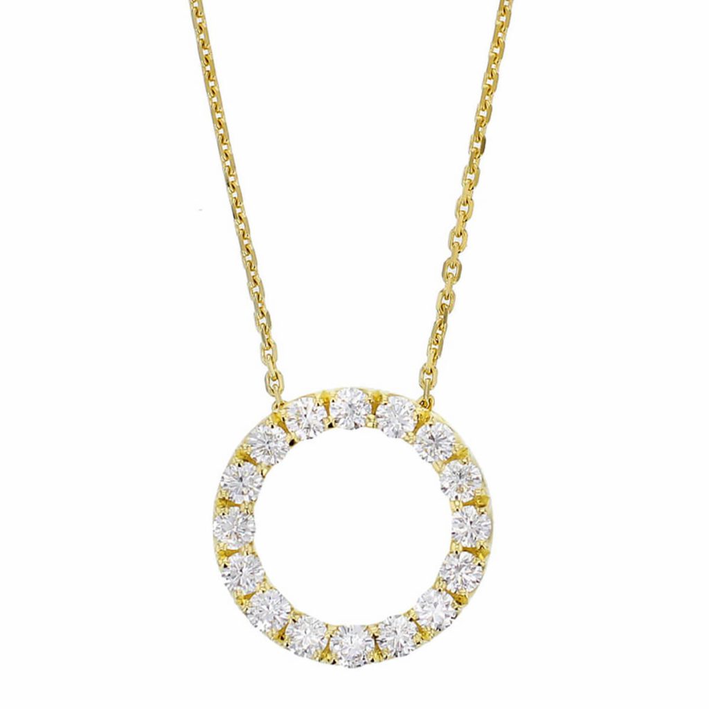 Faller Eternal Circle, round brilliant cut diamond halo 18ct yellow gold ladies pendant with chain symbol of everlasting love, eternal circle of life, wedding anniversary, celebrate birth, 18kt, designer, handmade by Faller, Derry/ Londonderry, hand crafted, precious jewellery, jewelry