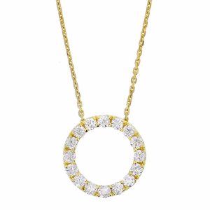 Faller Eternal Circle, round brilliant cut diamond halo 18ct yellow gold ladies pendant with chain symbol of everlasting love, eternal circle of life, wedding anniversary, celebrate birth, 18kt, designer, handmade by Faller, Derry/ Londonderry, hand crafted, precious jewellery, jewelry