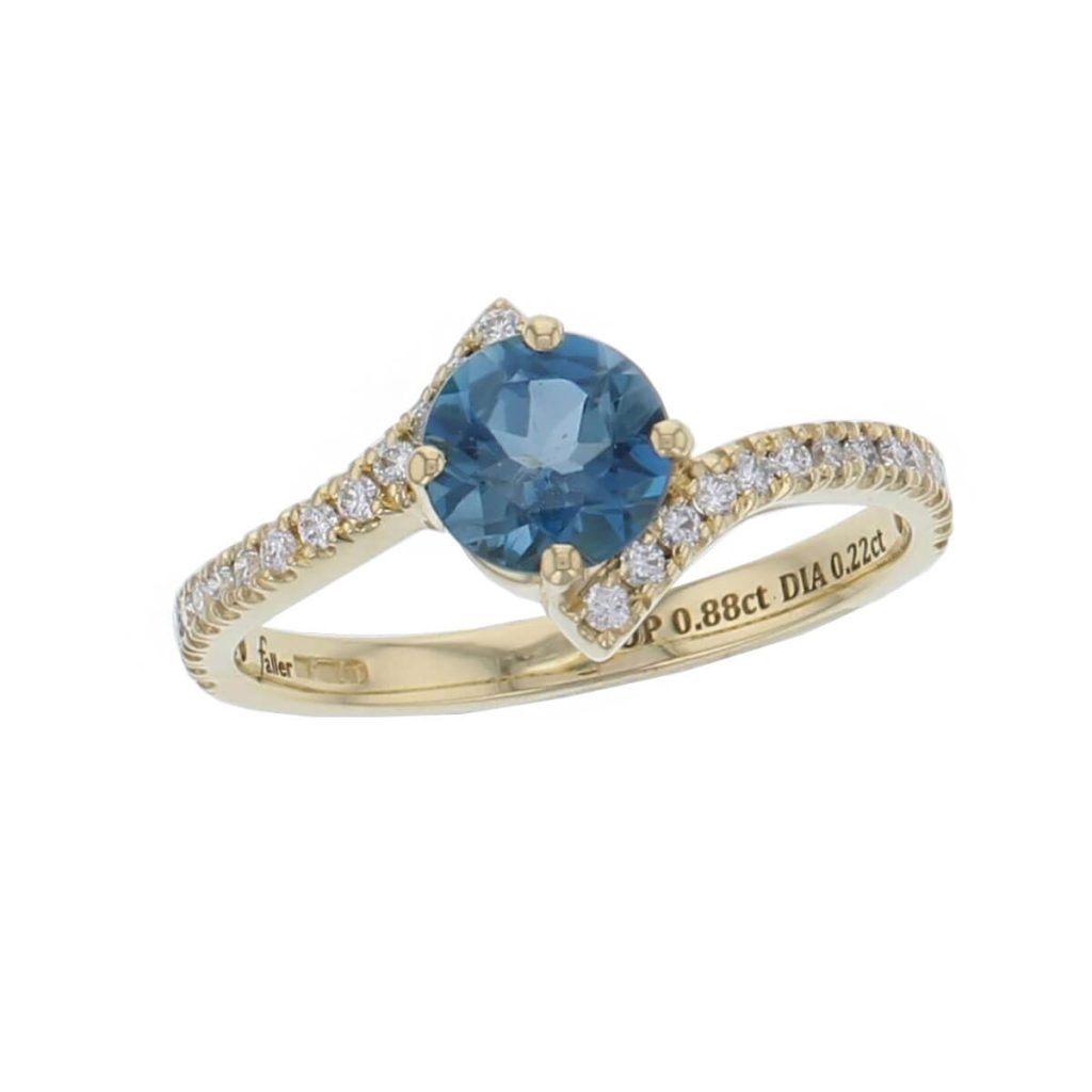 18ct yellow gold ladies round brilliant cut blue topaz & diamond designer multi stone ring designed & hand crafted by Faller of Derry/ Londonderry, twist dress ring, precious gem jewellery, jewelry, shoulder set