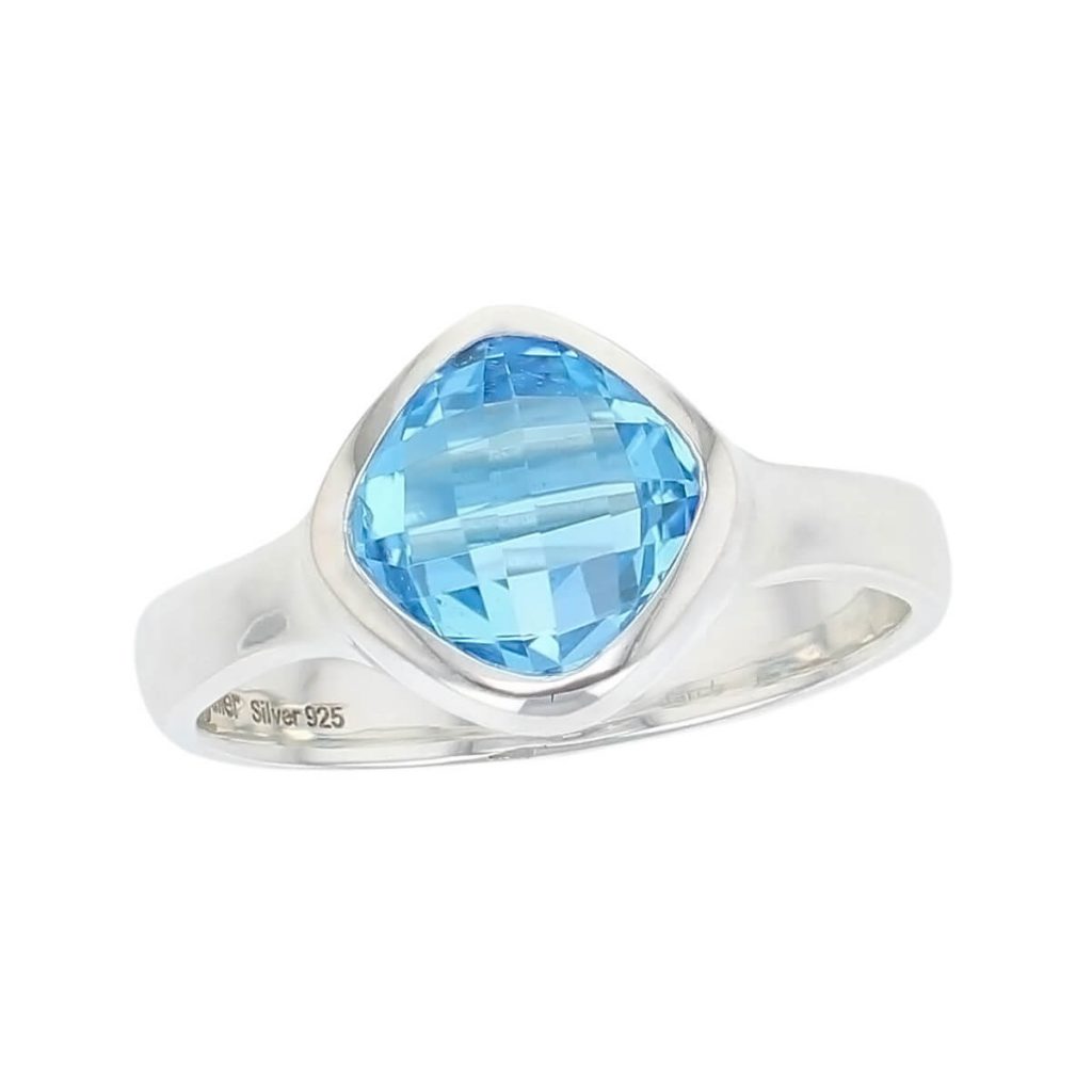 D’arcy cushion chequerboard blue topaz sterling silver gemstone dress ring, top view