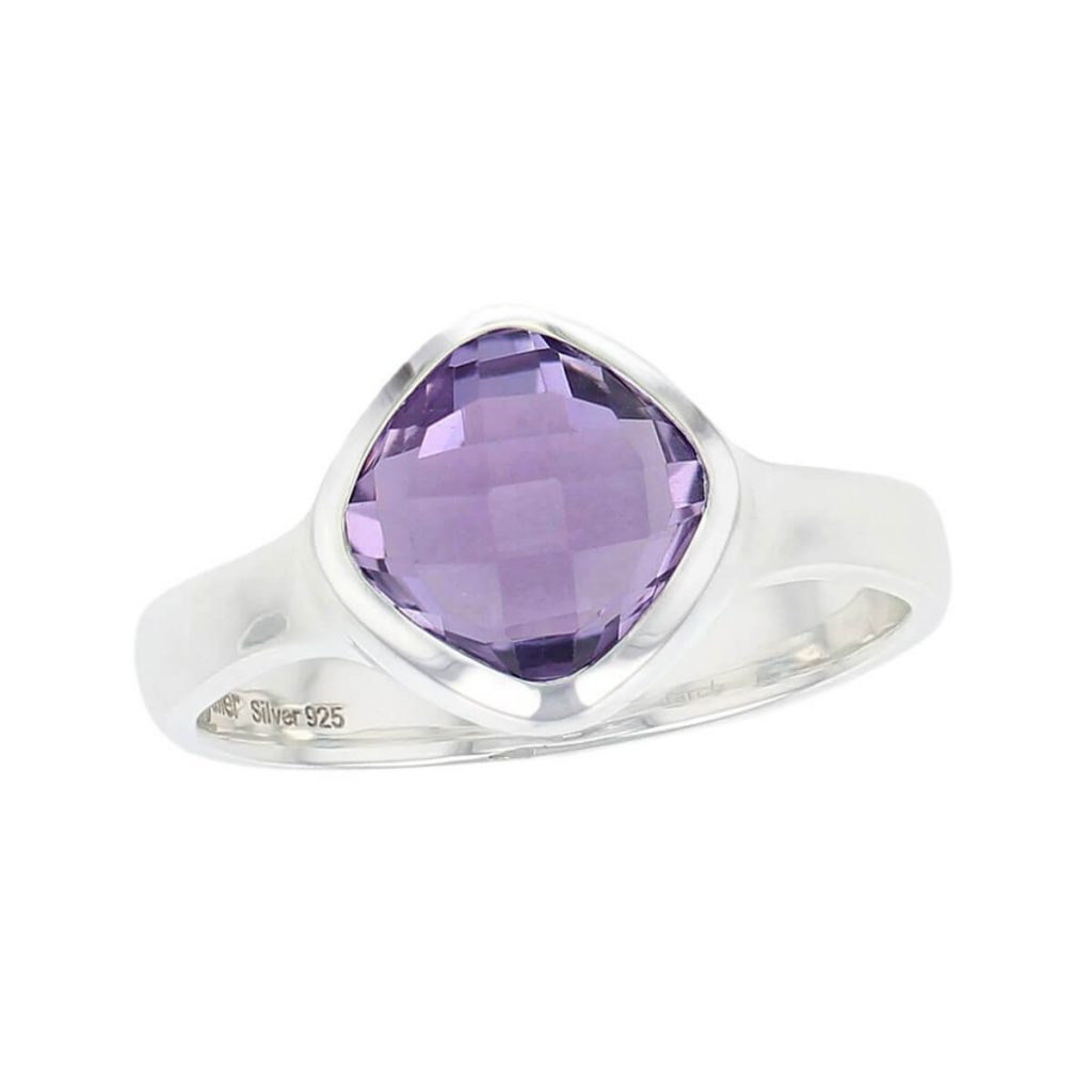 D’arcy cushion chequerboard amethyst sterling silver gemstone dress ring. top view