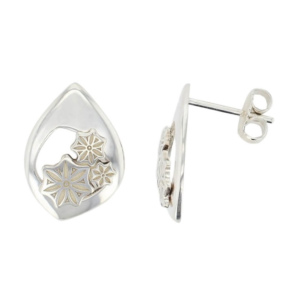 Marigold Floral silver stud earrings with side view