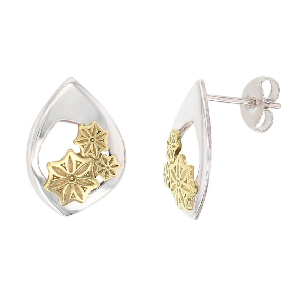 Marigold Floral silver and 18ct yellow gold stud earrings with side view