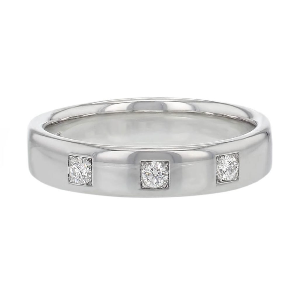 4.2mm wide platinum ladies diamond set wedding ring, woman's, bridal, personalised engraving, court profile, comfort fit, marraige ring, precious jewellery by Faller of Derry/ Londonderry, jewelry, 3 square grain set round brilliant diamonds