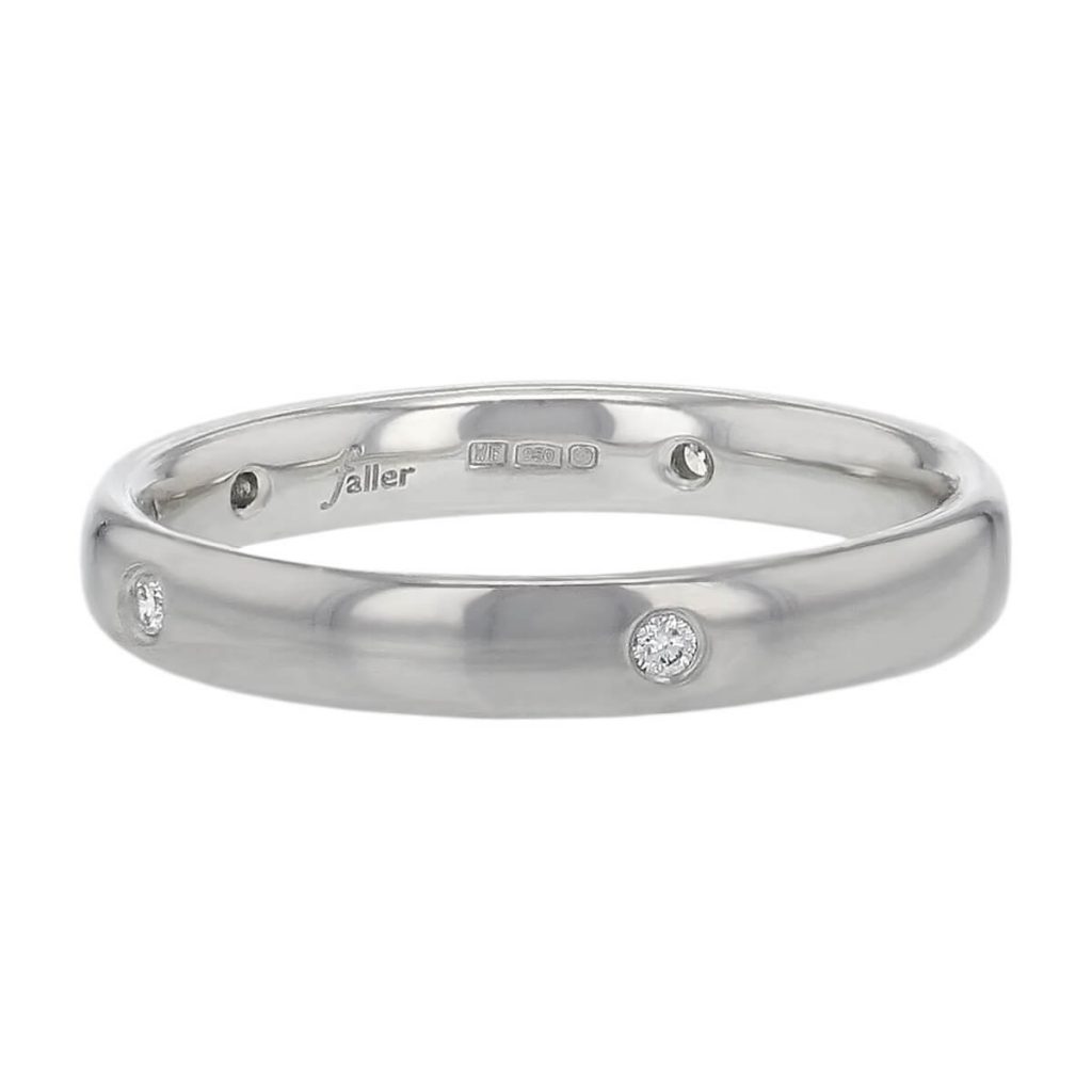 3.1mm wide platinum ladies diamond set wedding ring, woman's, bridal, personalised engraving, court profile, comfort fit, marraige ring, precious jewellery by Faller of Derry/ Londonderry, jewelry, 5 flush set round brilliant diamonds