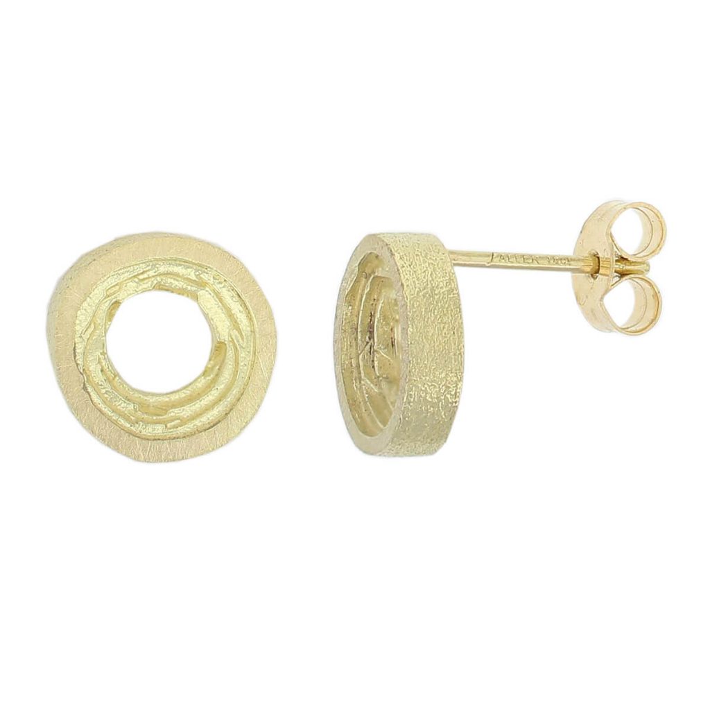 Grianán of Aileach 18ct yellow gold stud earrings with side view showing post and scroll fittings