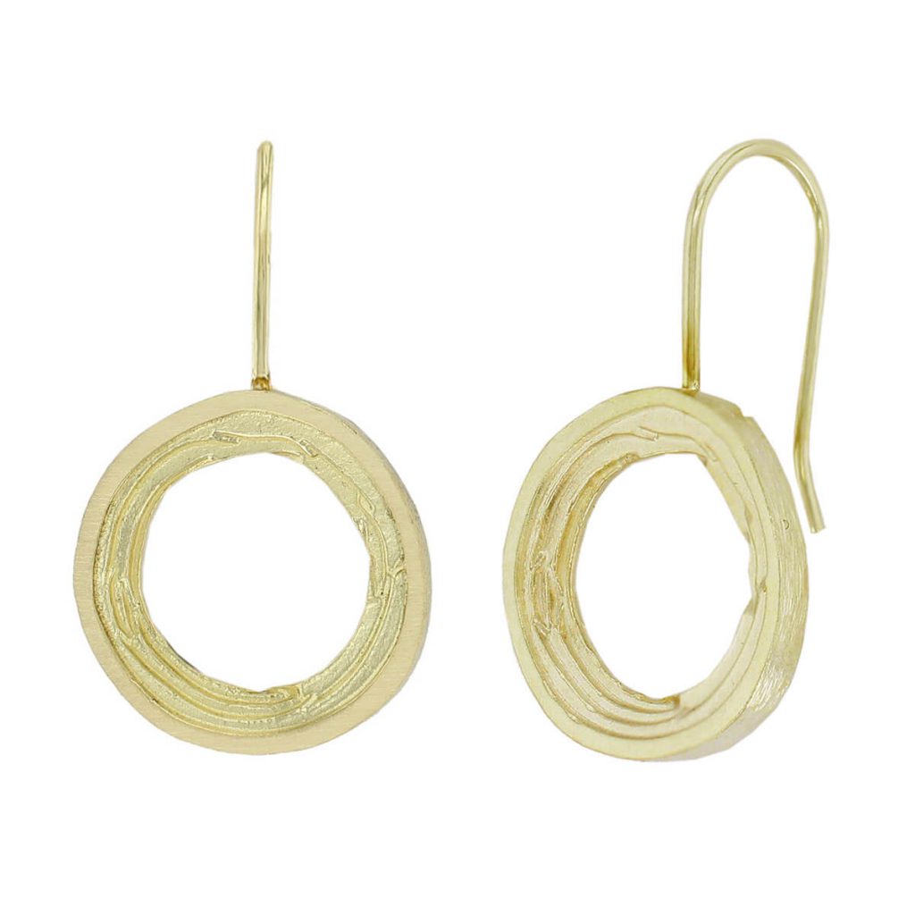 Grianán of Aileach 18ct yellow gold drop earrings with side view showing shepherds hook fitting