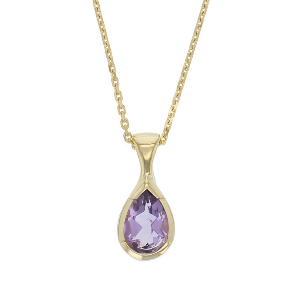 18ct yellow gold purple pear cut faceted amethyst gemstone pendant, designer jewellery, quartz gem, jewelry, handmade by Faller, Londonderry, Northern Ireland, Irish hand crafted, darcy, D’arcy