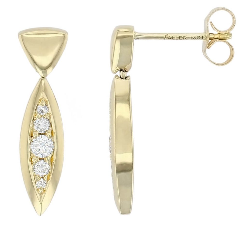 18ct yellow gold marquise shape diamond set earrings with side view