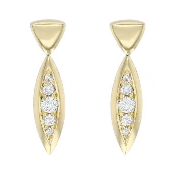 Faller round brilliant cut diamond marquise shape 18ct yellow gold ladies drop earrings, 18kt, designer, handmade by Faller, Derry/ Londonderry, hand crafted, precious jewellery, jewelry