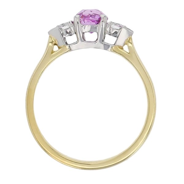 18ct yellow gold & platinum round brilliant cut diamond & oval cut pink sapphire trilogy ring designer three stone dress ring handmade by Faller, hand crafted, precious jewellery, jewelry, ladies , woman