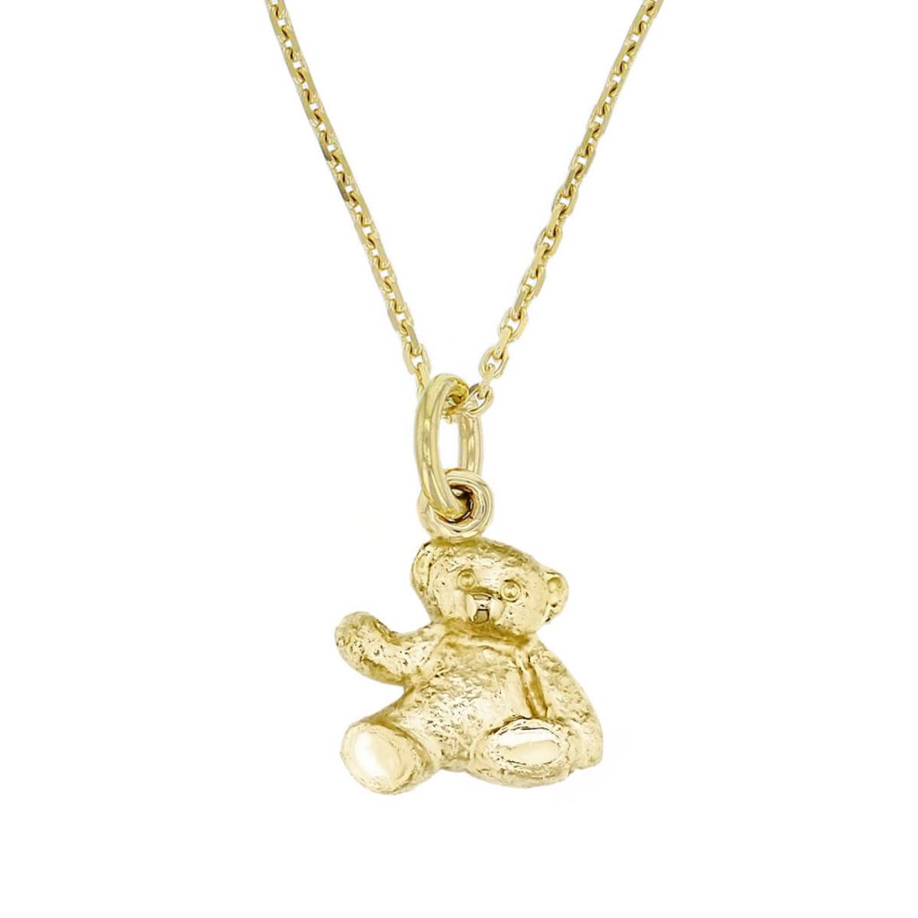 18ct yellow gold teddy bear pendant, charm, patience, curiosity, independence, cleverness, 9 lives, lucky, designer handmade by Faller, Derry/ Londonderry, Irish hand crafted