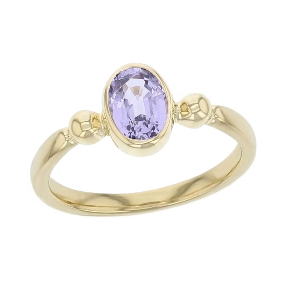 Kandy 18ct yellow gold pale purple oval rose cut sapphire gemstone ladies dress ring, designer jewellery, gem, jewelry, handmade by Faller, Londonderry, Northern Ireland, Irish hand crafted