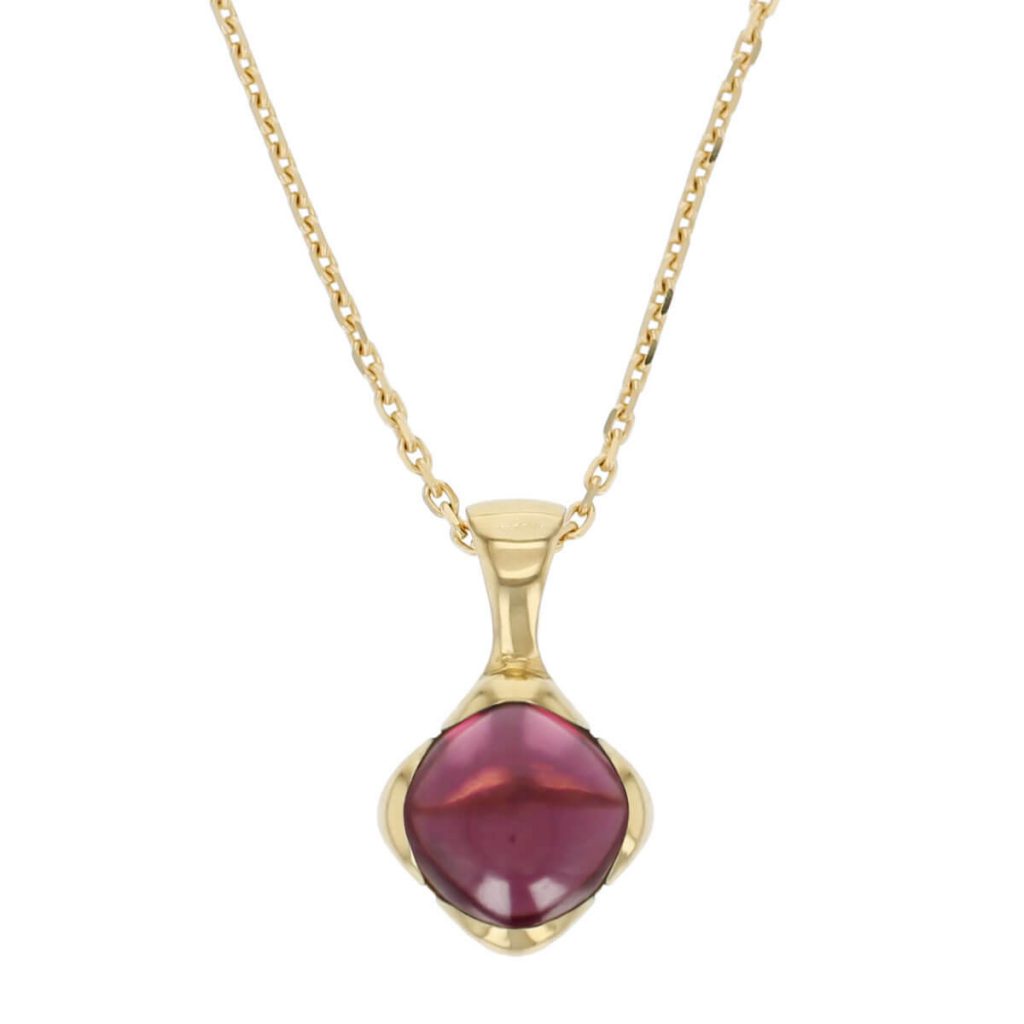 18ct yellow gold red cushion cut cabochon rhodolite garnet gemstone pendant, designer jewellery, quartz gem, jewelry, handmade by Faller, Londonderry, Northern Ireland, Irish hand crafted, Kandy, burgundy gem