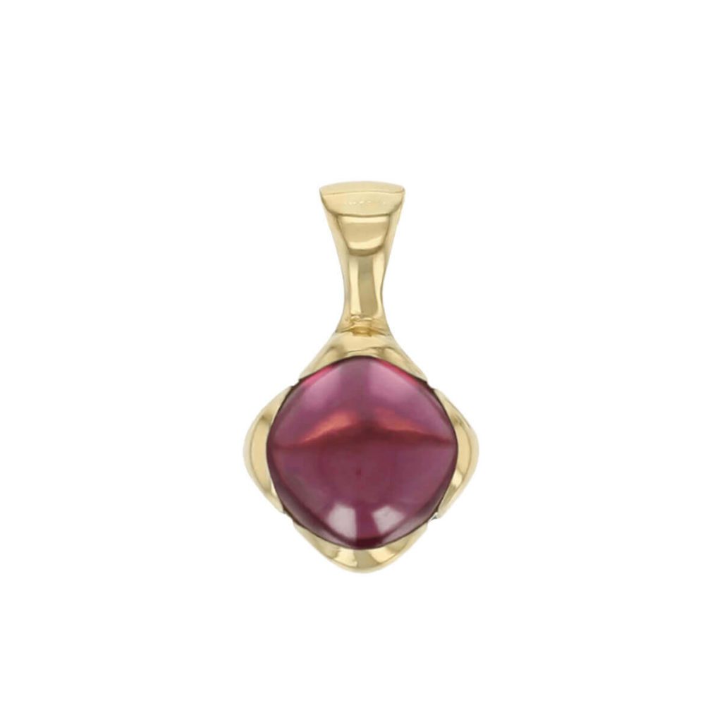 18ct yellow gold red cushion cut cabochon rhodolite garnet gemstone pendant, designer jewellery, quartz gem, jewelry, handmade by Faller, Londonderry, Northern Ireland, Irish hand crafted, Kandy, burgundy gem