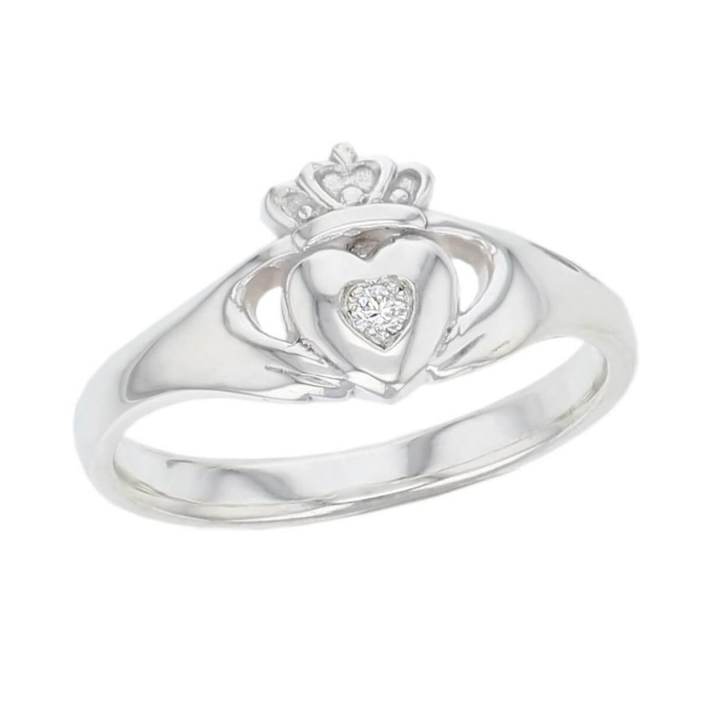 small ladies silver diamond claddagh ring