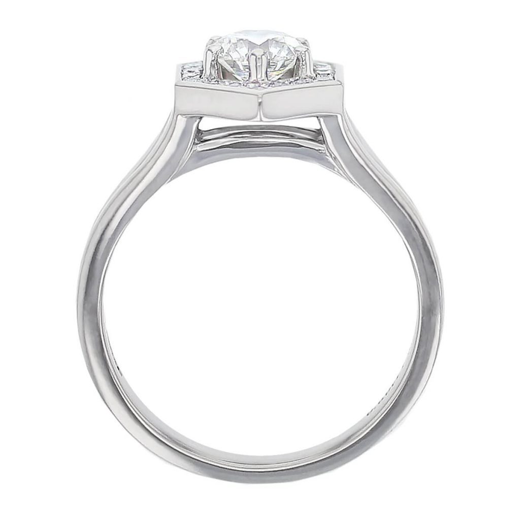 round brilliant cut diamond hexagon halo cluster engagement ring, platinum, designer, handmade by Faller, hand crafted, betrothal, promise, precious jewellery, jewelry, hand crafted dress ring, GIA certified, G.I.A. GIA