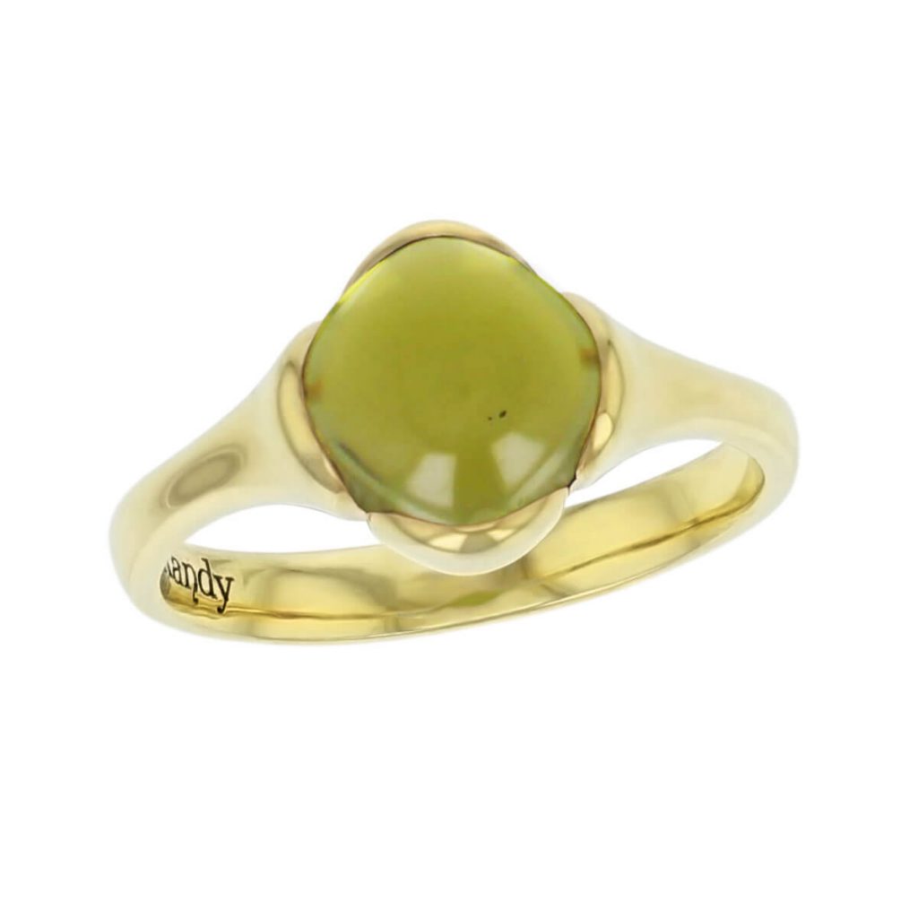 18ct yellow gold green cushion cut cabochon peridot gemstone dress ring, designer jewellery, gem, jewelry, handmade by Faller, Londonderry, Northern Ireland, Irish hand crafted, Kandy