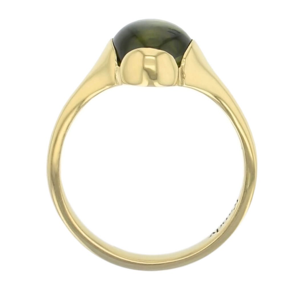 18ct yellow gold green cushion cut cabochon peridot gemstone dress ring, designer jewellery, gem, jewelry, handmade by Faller, Londonderry, Northern Ireland, Irish hand crafted, Kandy
