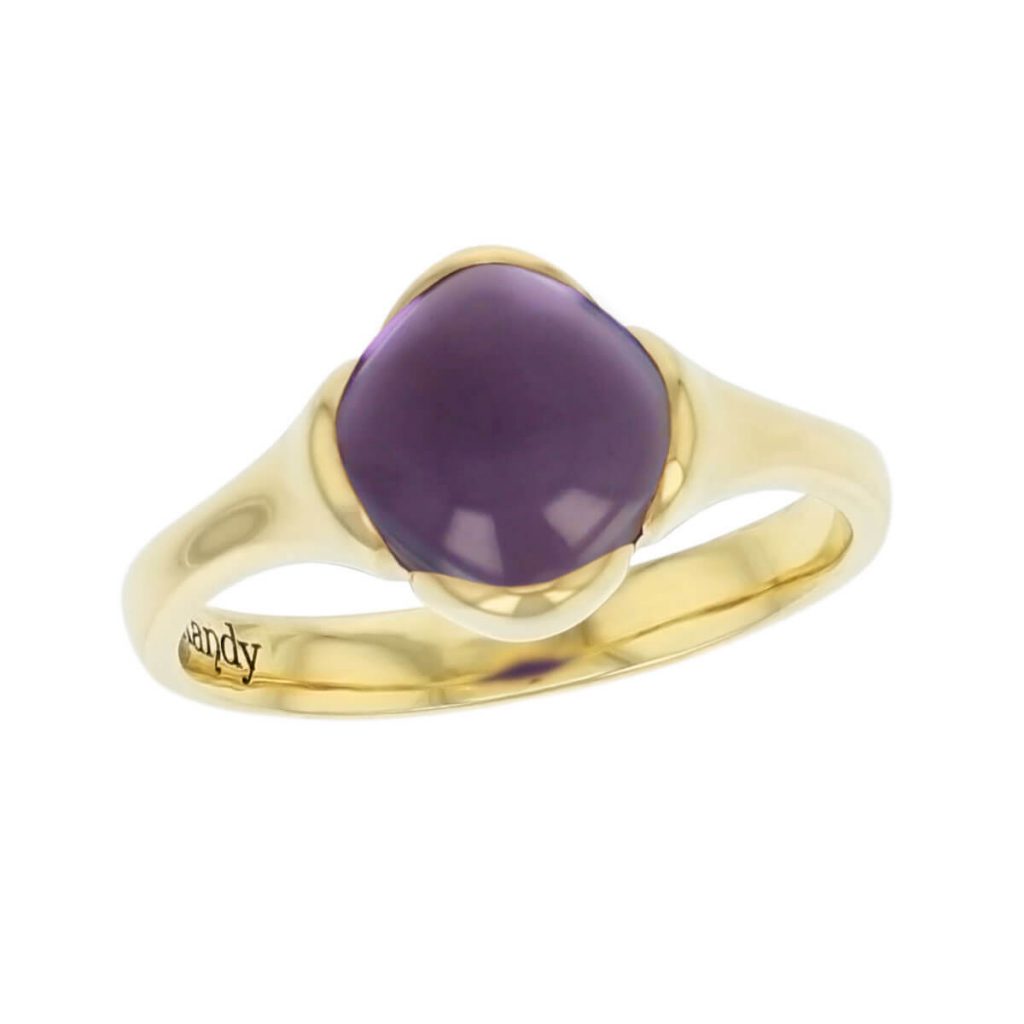 18ct yellow gold purple cushion cut cabochon amethyst gemstone dress ring, designer jewellery, quartz gem, jewelry, handmade by Faller, Londonderry, Northern Ireland, Irish hand crafted, Kandy