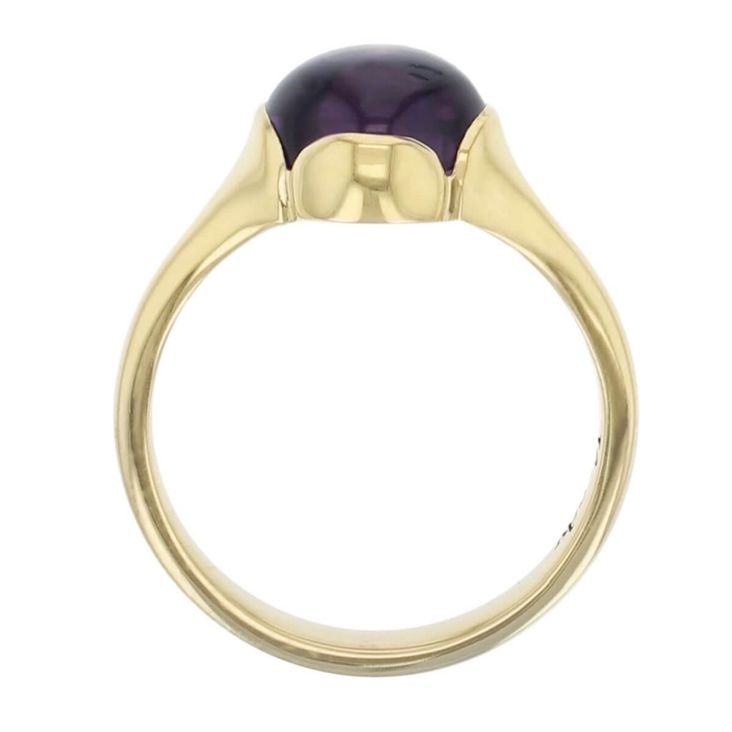 18ct yellow gold purple cushion cut cabochon amethyst gemstone dress ring, designer jewellery, quartz gem, jewelry, handmade by Faller, Londonderry, Northern Ireland, Irish hand crafted, Kandy