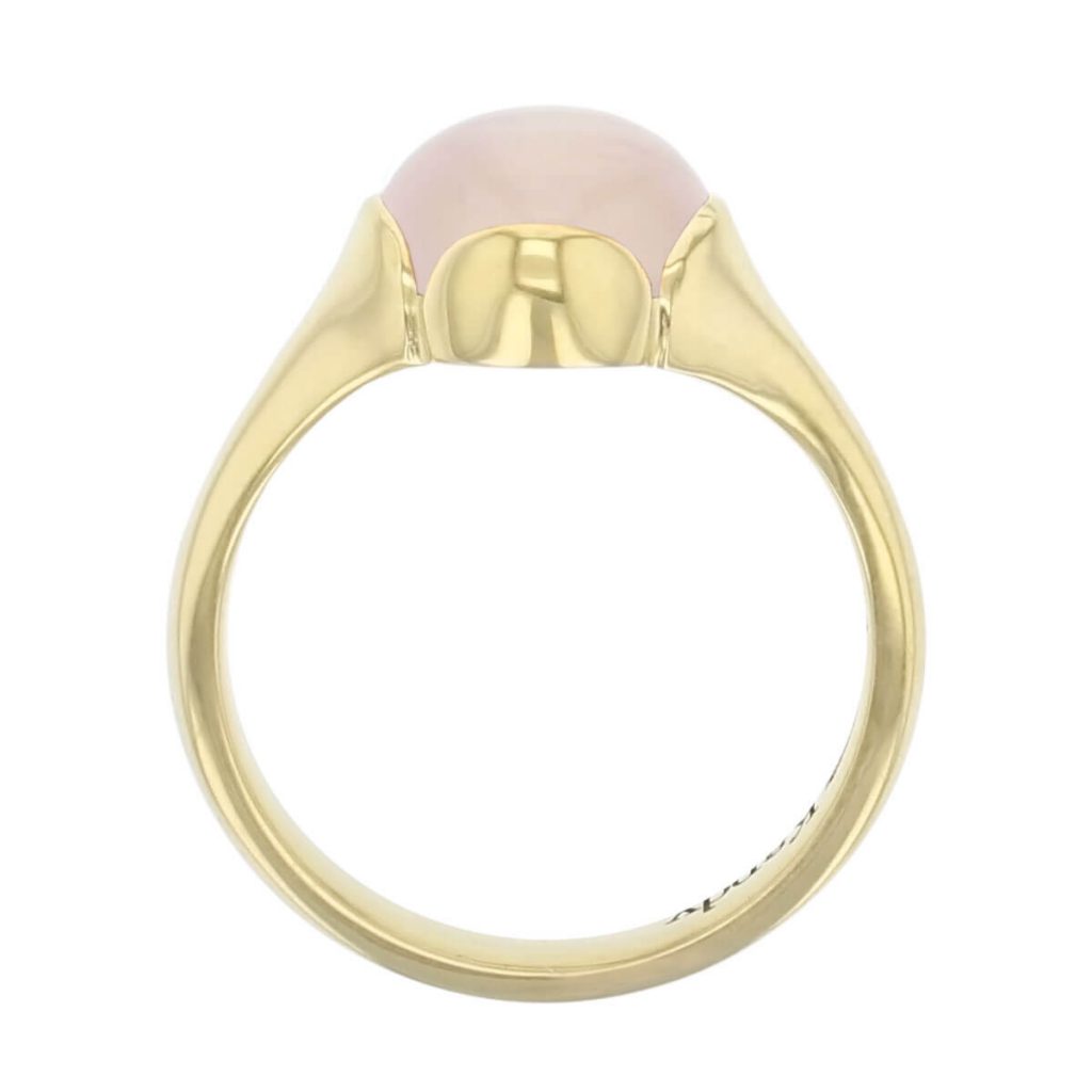 18ct yellow gold pink cushion cut cabochon rose quartz gemstone dress ring, designer jewellery, gem, jewelry, handmade by Faller, Londonderry, Northern Ireland, Irish hand crafted, Kandy