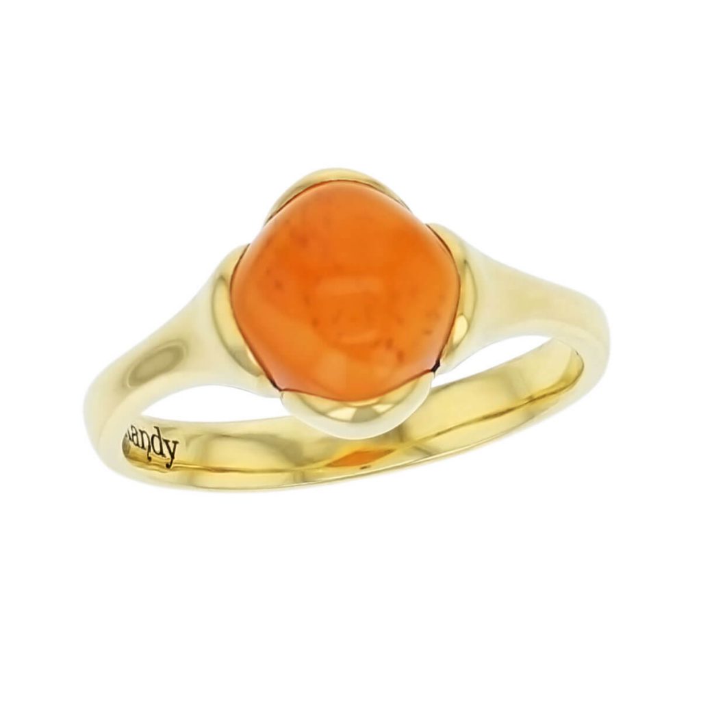 18ct yellow gold orange cushion cut cabochon carnelian gemstone dress ring, designer jewellery, quartz gem, jewelry, handmade by Faller, Londonderry, Northern Ireland, Irish hand crafted, Kandy