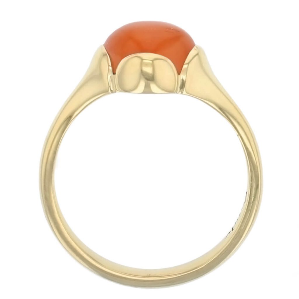 18ct yellow gold orange cushion cut cabochon carnelian gemstone dress ring, designer jewellery, quartz gem, jewelry, handmade by Faller, Londonderry, Northern Ireland, Irish hand crafted, Kandy