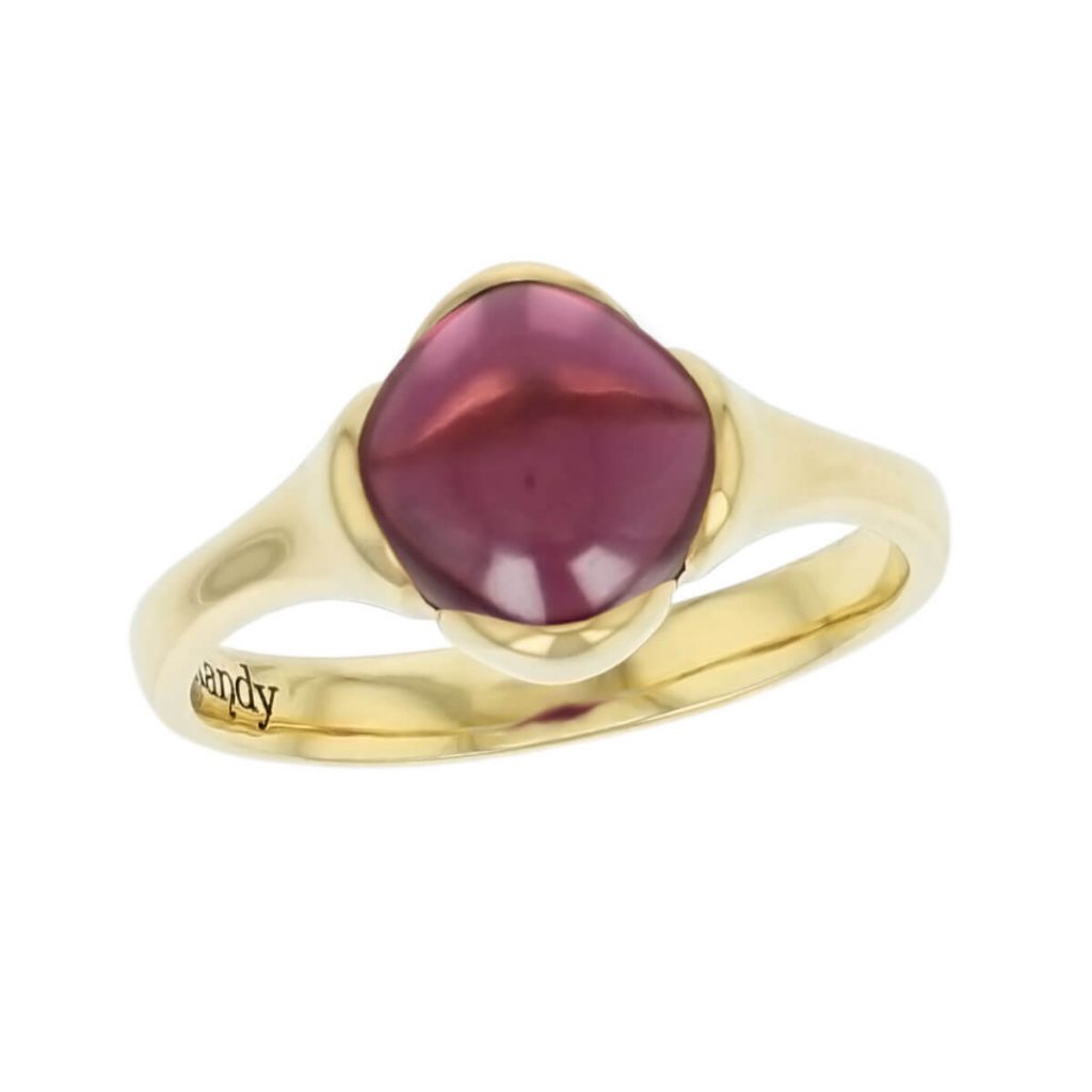 18ct yellow gold red cushion cut cabochon rhodolite garnet gemstone dress ring, designer jewellery, gem, jewelry, handmade by Faller, Londonderry, Northern Ireland, Irish hand crafted, Kandy